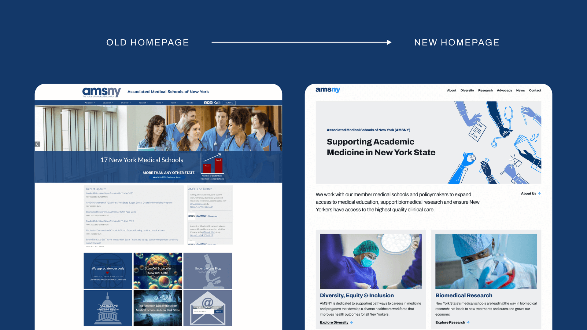 Before and after for the Associated Medical Schools of New York (AMSNY) website