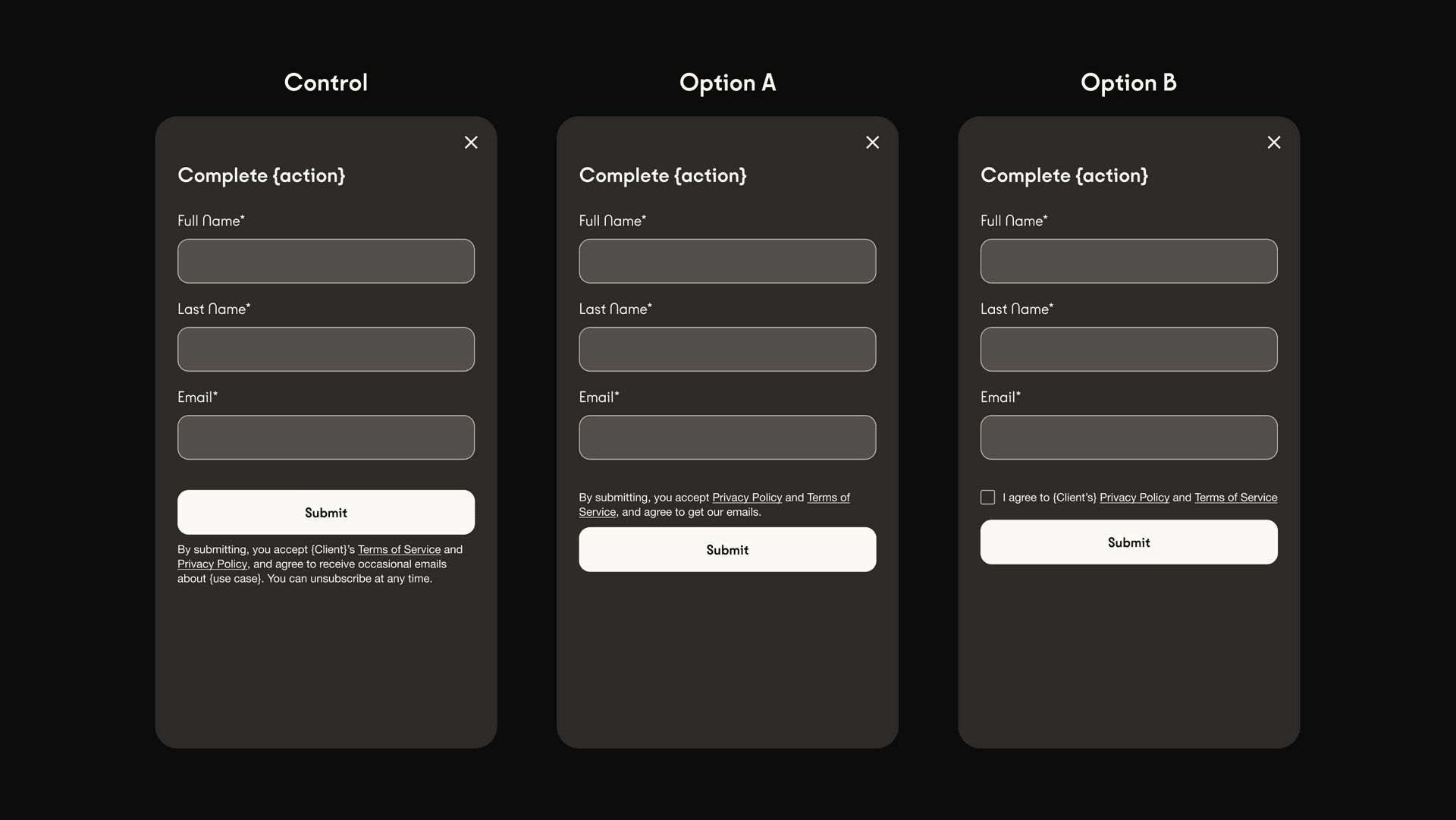 Control (Left), Option A BrowseWrap (Middle), Option B ClickWrap (Right)