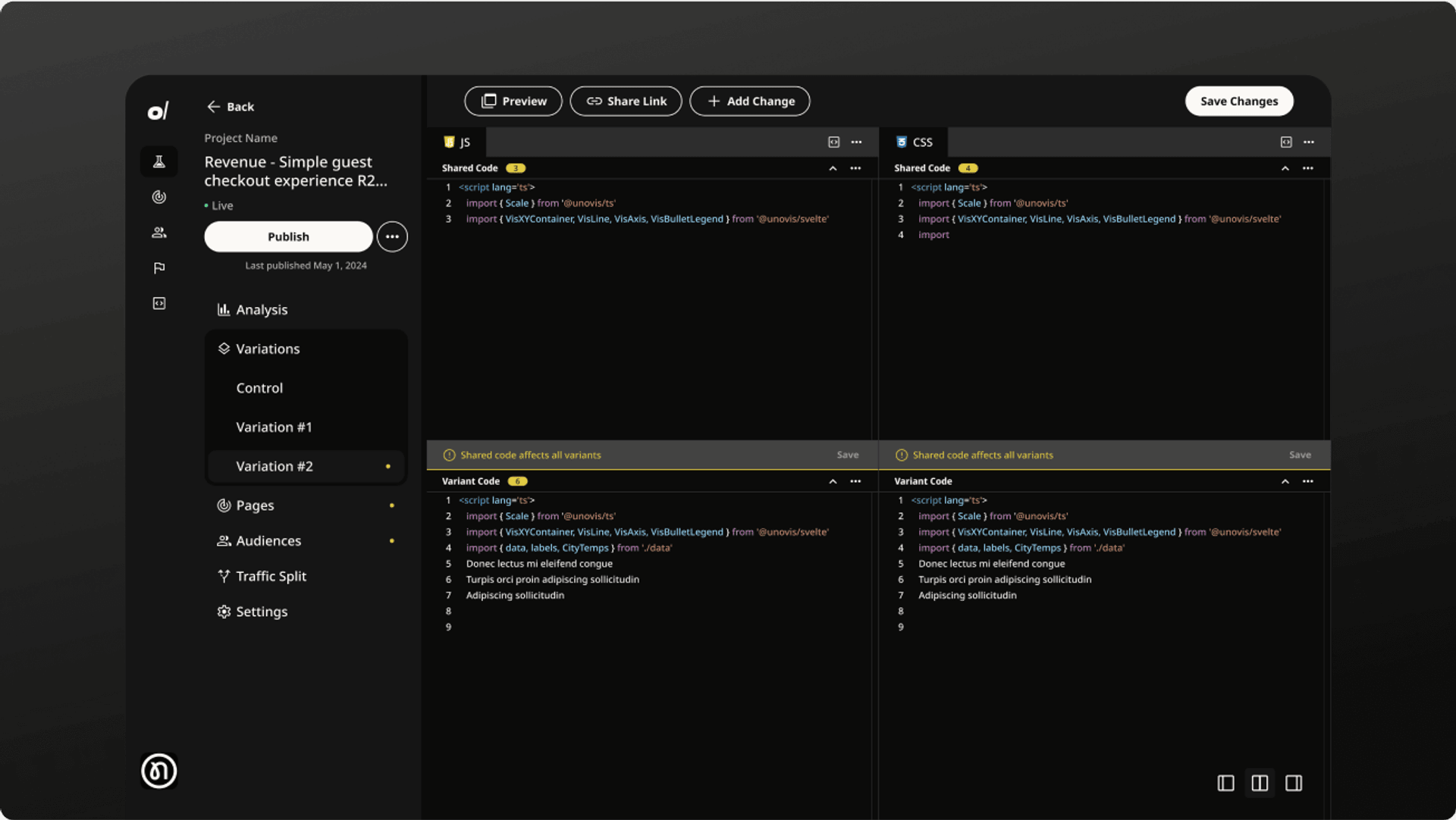 Oboe App code variations and testing environment interface